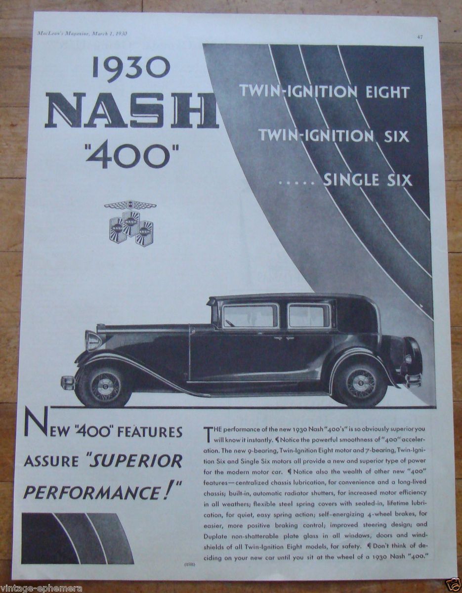   CANADA NASH CAR AD 400 EIGHT SEDAN ART DECO TWIN IGNITION AUTOMOBILE