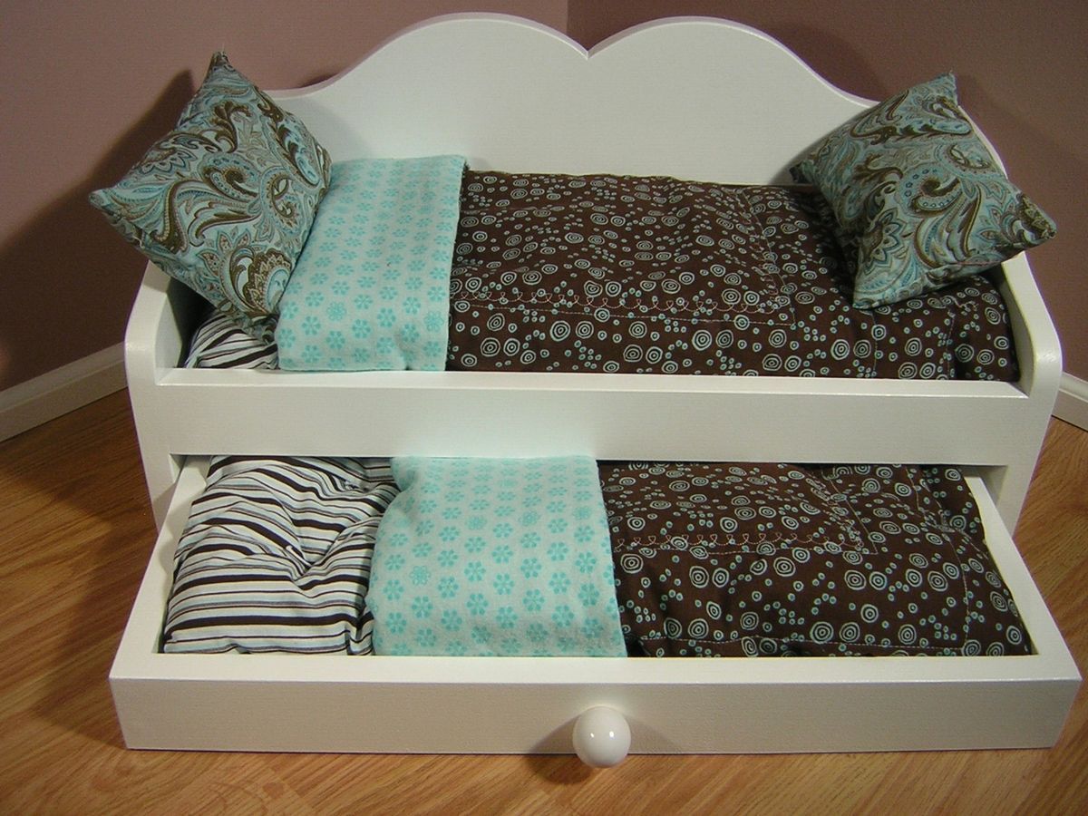 DAYBED WITH TRUNDLE and BEDDING   fits AMERICAN GIRL DOLL BROWN/TEAL