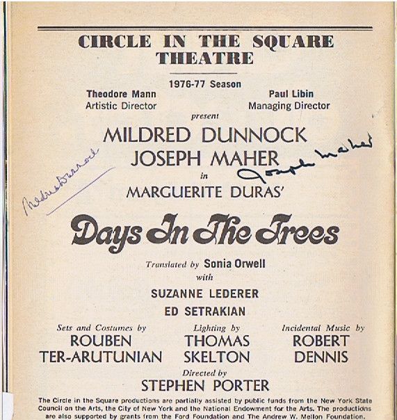 Mildred Dunnock Joseph Maher signed Marguerite Duras Days in the Trees