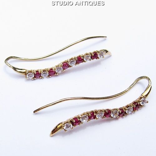 Ear Pins Vintage Earrings 14k Yellow Gold Rubies Cubic Zirconia CZ 1 9