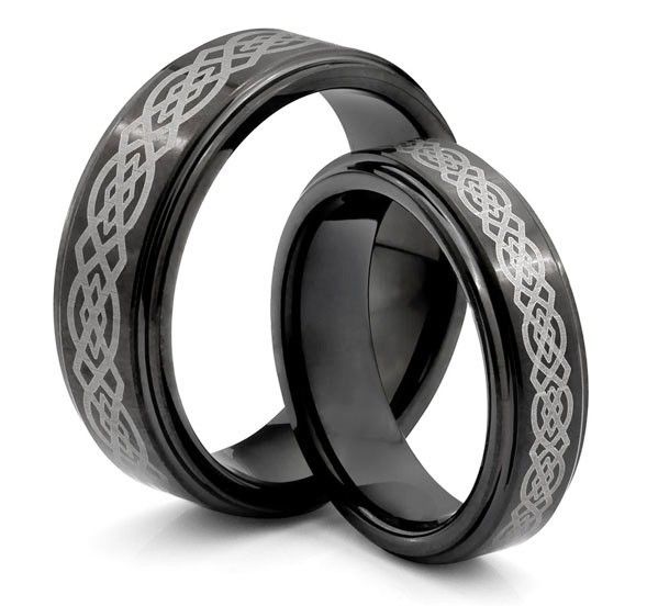  Tungsten Black Wedding Band Ring Set w Engraved Celtic Design