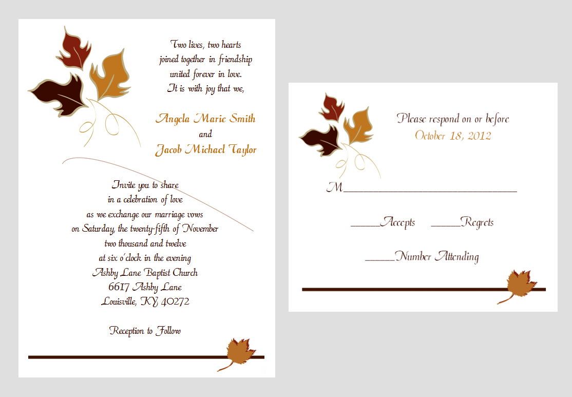 100 Personalized Custom Autumn Fall Leaves Bridal Wedding Invitations