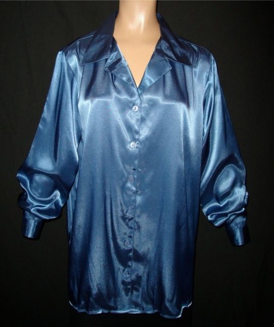 2X French Blue Shiny Liquid Satin Blouse Shirt Top New Plus 18W 20W