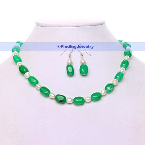 16 Green Jade Freshwater Pearl Necklace Earrings Set