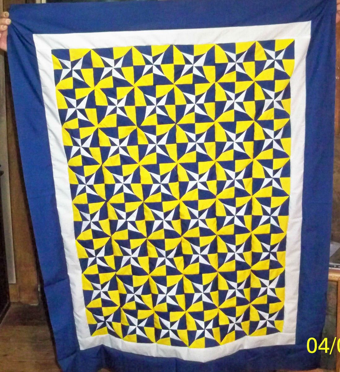 BABY SIZE MINI STAR QUILT TOP BLUE GOLD AND WHITE