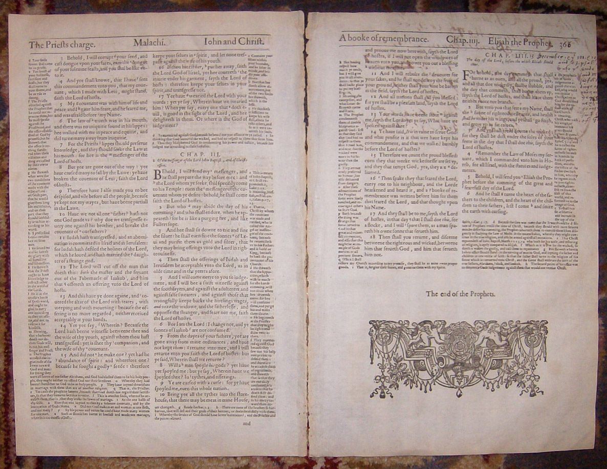 1607 Geneva Folio Roman Letter Bible Leaves Complete Book of Malachi