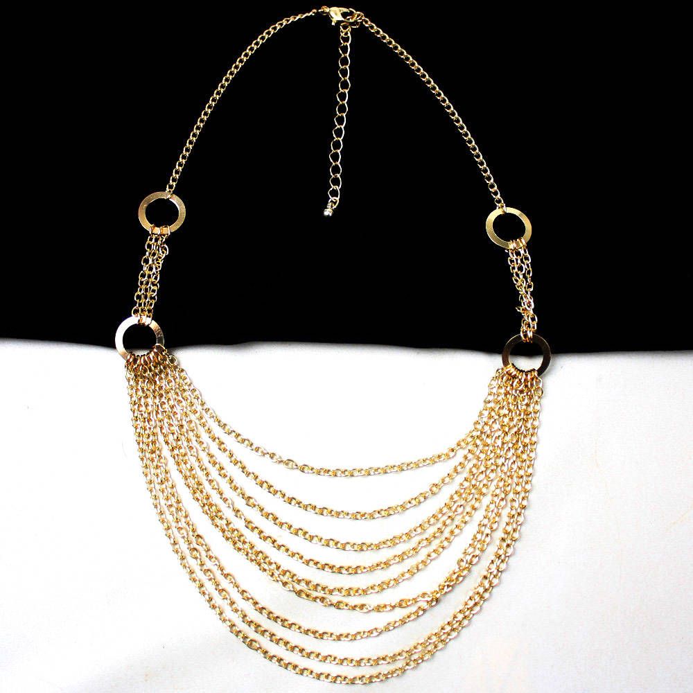 Gold Multi Layered Chain Circle Loop Retro Lady Statement Necklace
