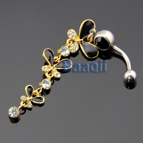 Gold Plated Butterfly Dangle Black Belly Navel Ring Body Piercing