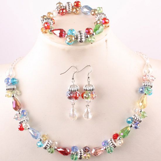 Multicolor Crystal Glass Faceted Bead Necklace Bracelet Earrings 1 Set