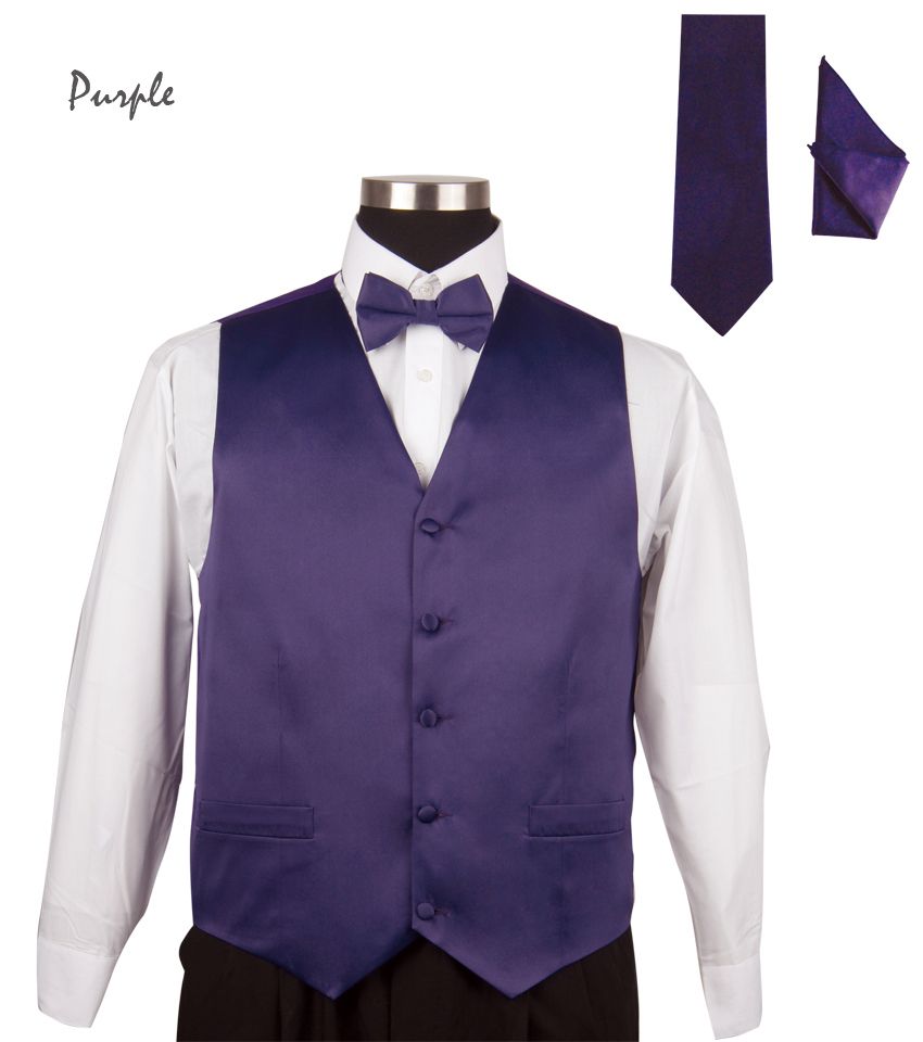 Mens Tuxedo 4 Pieces Vest, Bow Tie, Handkerchief, and Tie Solid