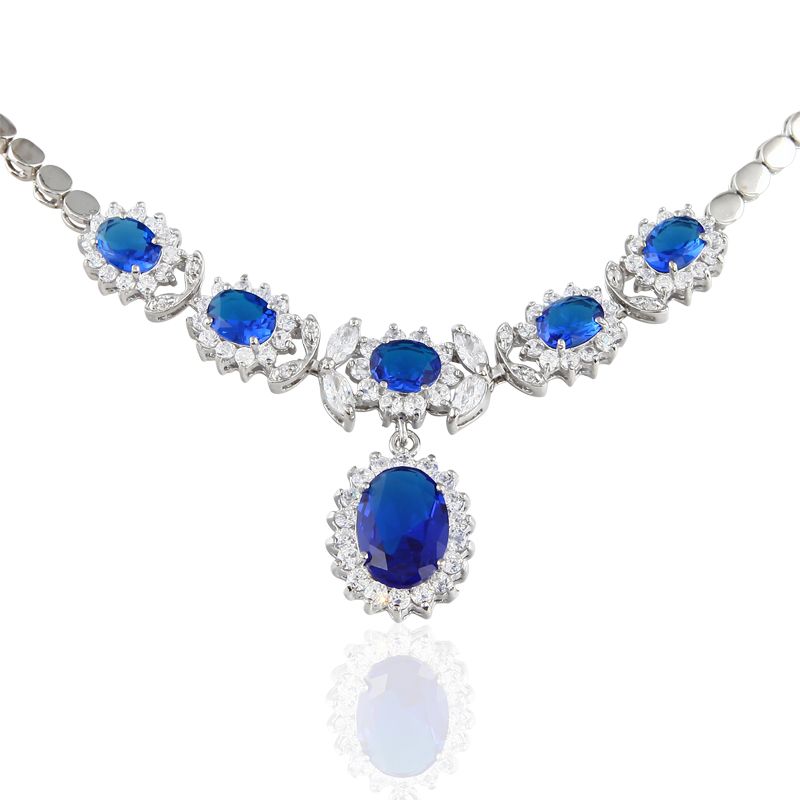 Oval Cut Blue Sapphire White Gold Plated Pendant Necklace Silver Tone