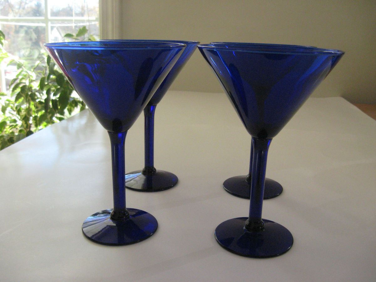 Cobalt Blue Glass Martini Margarita Glasses Set of 4 Excellent