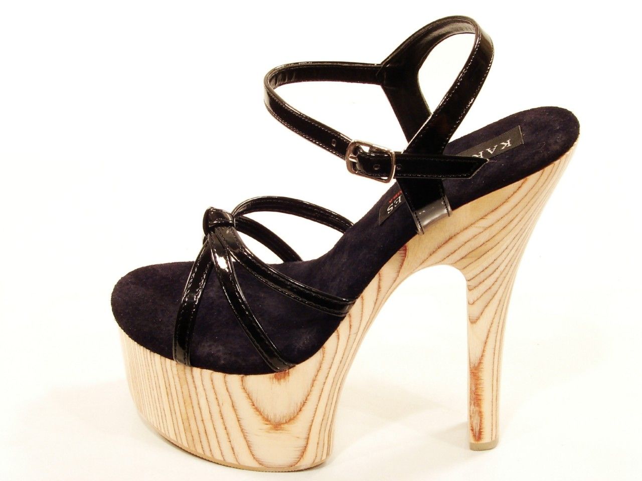 Karo Shoes 3291 High Heel Wood Platform Strappy Sandal in Black Patent
