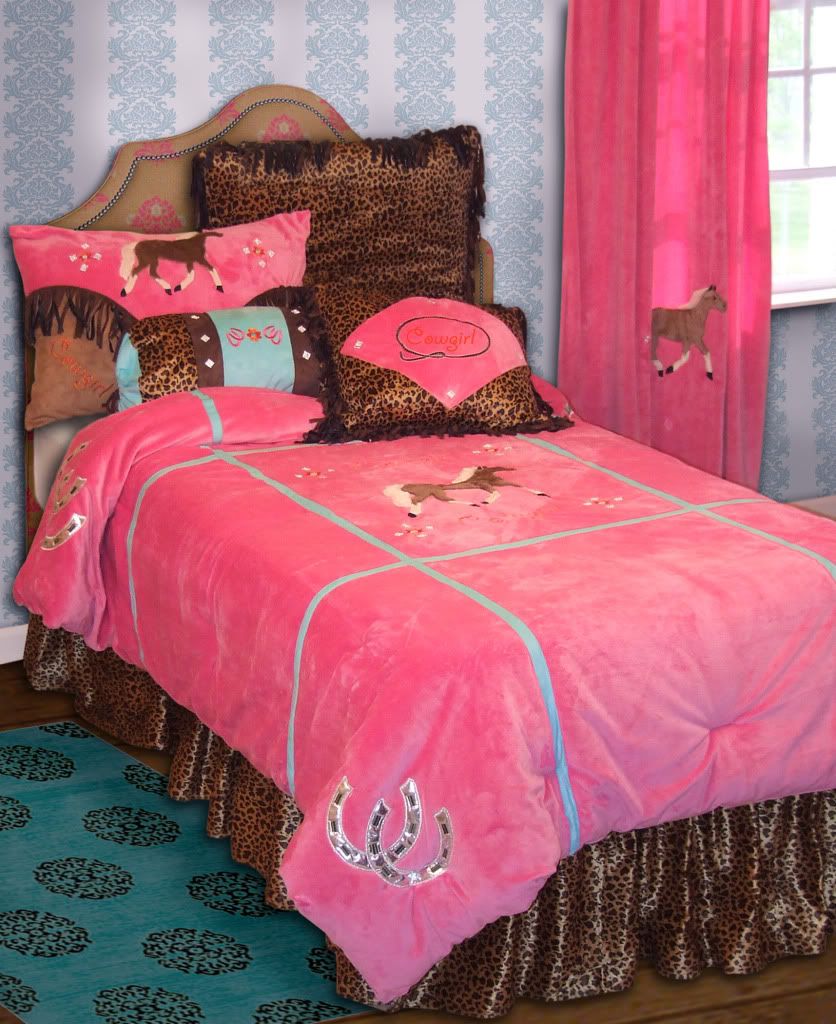 Kids Cowgirl Horse Bedding Full 4 Piece Set Pink Leopard Western New