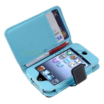For iPod Touch 4 G 4th Gen Black Blue Dot Leather Wallet Case Diamond