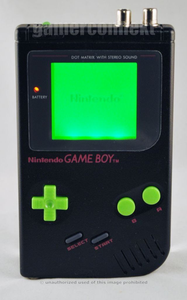 Original Game Boy Black System with Custom Green Backlit Pro Sound Rca