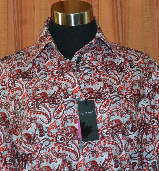 Jared Lang Long Sleeve Red Gray Black 100 Cotton Paisley Floral Shirt