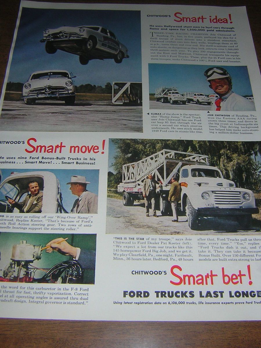1949 Joe Chitwood Driver Ford Truck Car Jump Original Advertisement