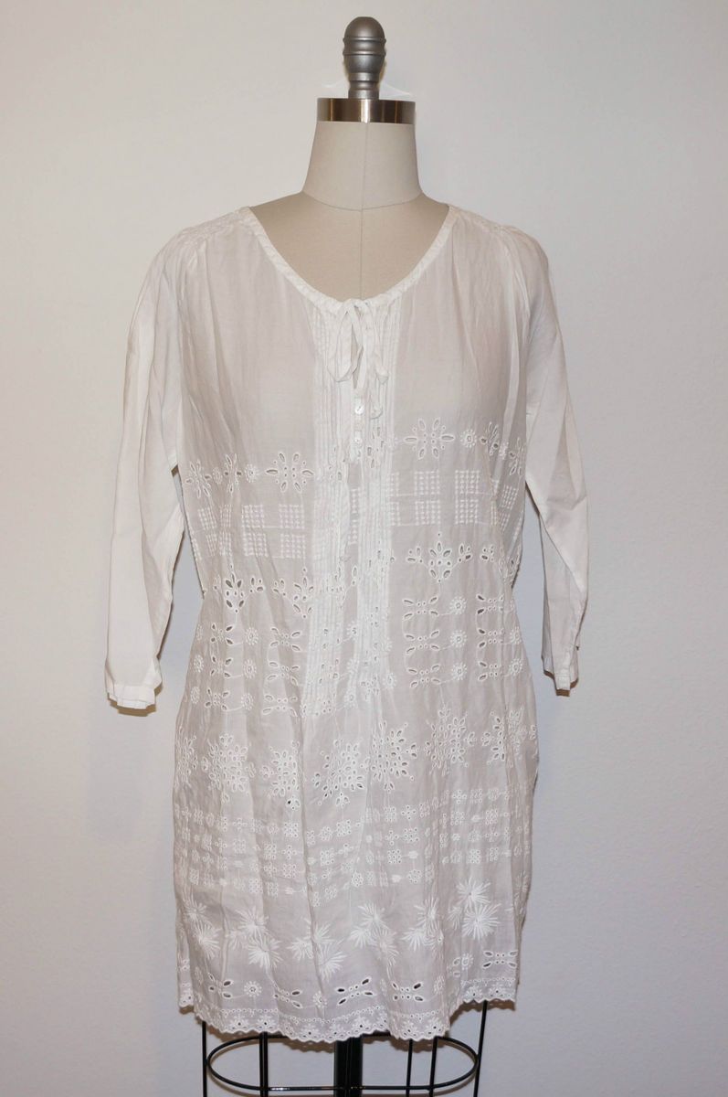 Johnny Was Collection White Cotton Tie Neck Tunic s M  