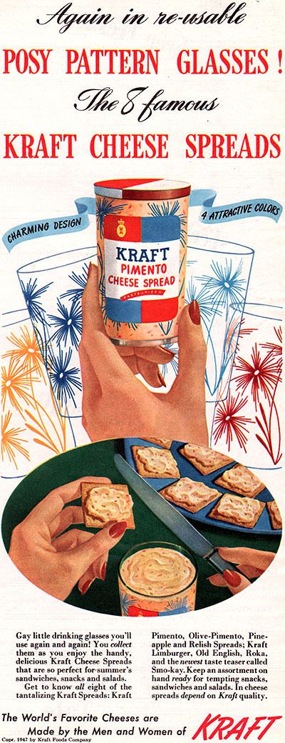 Kraft Cheese Spreads SWANKY SWIGS Posy Pattern Glasses 1947 MAGAZINE