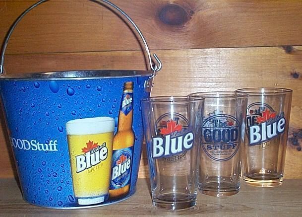Labatt Blue 3 Beer Pint Glasses Ice Bucket New