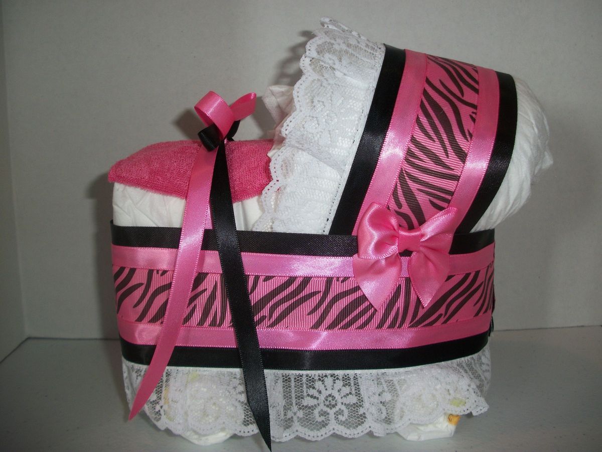 Zebra Girl Diaper Bassinet Carriage Baby Shower Centerpiece