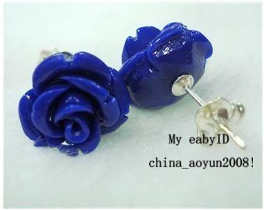 girl Ladies jewelry earrings Blue Sea Coral Carved Rose 12X12MM Stud