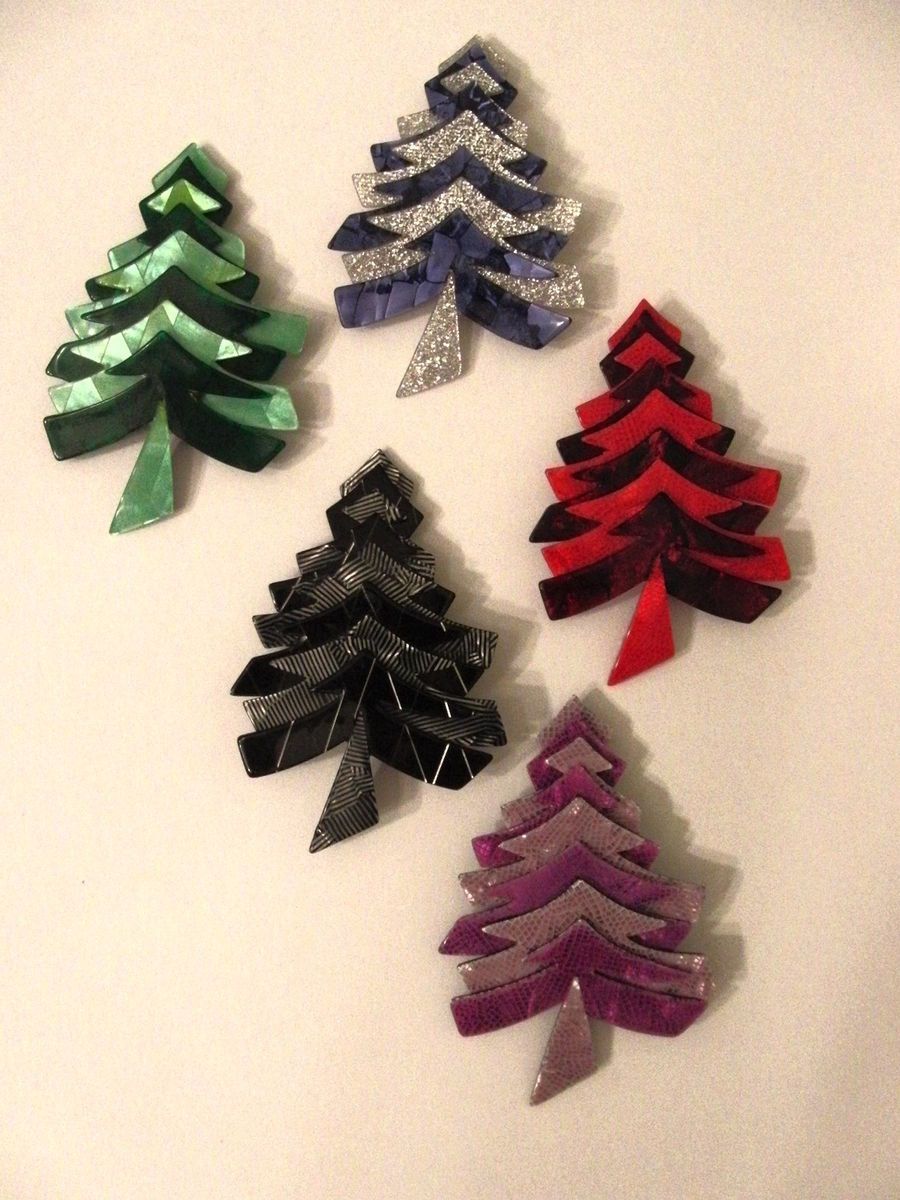Lea Stein Signed Christmas Tree Pins