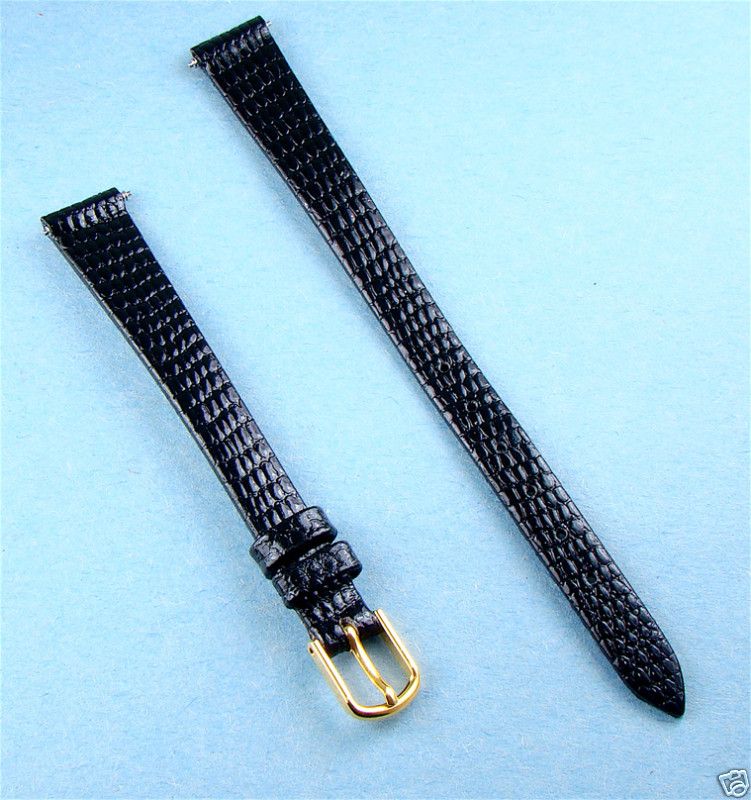11 mm Long Black Lizard Grain Leather Watch Band Strap