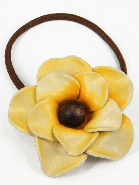 Leather Rose Flower Ponytail Holder Hair Tie Bow CHB2 L Yellow