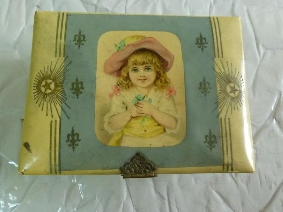 Antique Victorian Childs Jewelry Box Cellulite Lid Little Girl