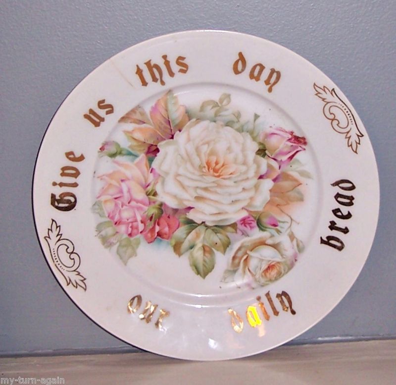  1900s Germany White Pink Cabbage Roses Porcelain Lords Prayer Plate