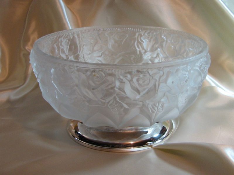 Frosted Crystal Bowl w Silverplated Base Italy Roses