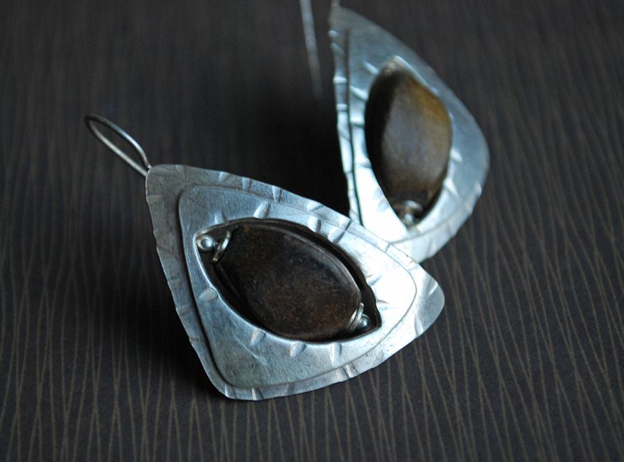 Marjorie Baer Earrings Modernist Silver Tone Dangle Wooden Bead