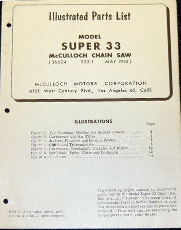 McCulloch Super 33 Chain Saw Parts List Parts Manual