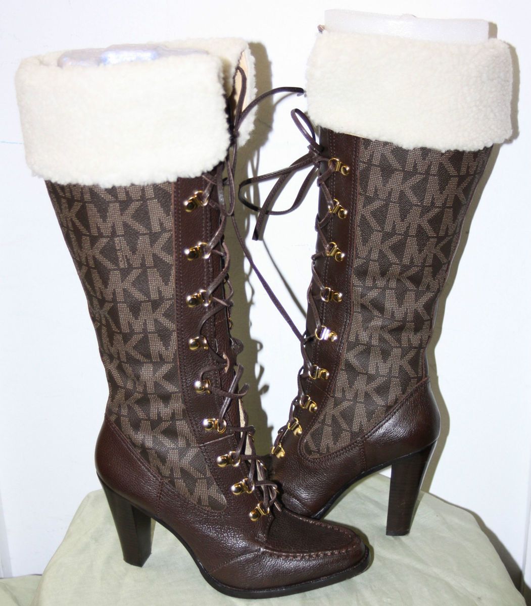 Michael Kors Brown Leather Logo and Fleece Boots Sz 8 5