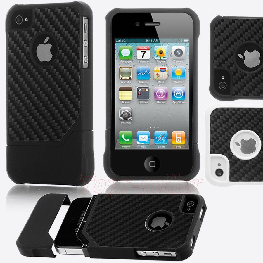 Black TPU Carbon Fiber Hybrid Case Soft&Hard Cover for Apple Iphone 4