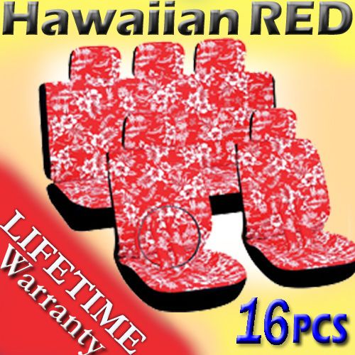 Red Auto Car Hawaiian Seat Covers FREE Wheel Belt Pad Head Rests