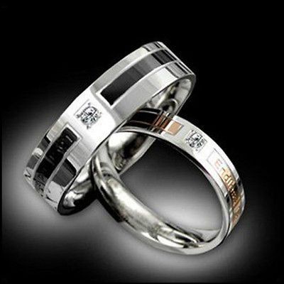 rhinestone Titanium Steel Promise Ring Couple Wedding Bands Gift J09