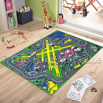 AIRPORT TRACK ROADS KIDS PLAY MAT RUG 100x150 NON SLIP & WASHABLE