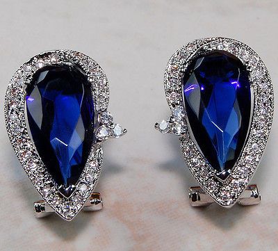 Blue Sapphire & White Topaz 925 Solid Sterling Silver Earrings