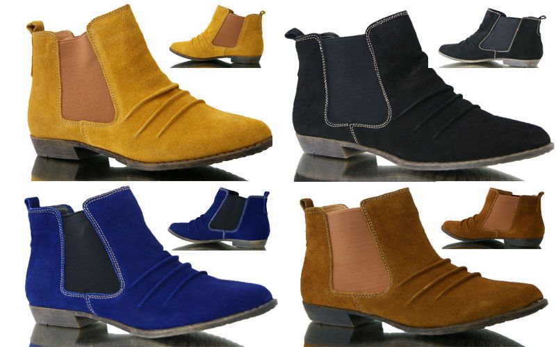 WOMENS HOT NEW LEATHER SUEDE CHELSEA BOOTS SHOES BLACK BLUE YELLOW TAN