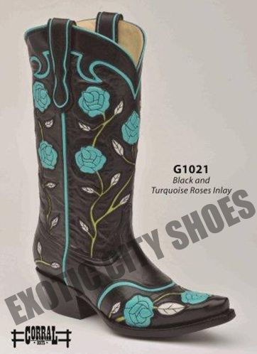 Corral Womens Leather Cowboy Western Boots Black & Turquoise Roses