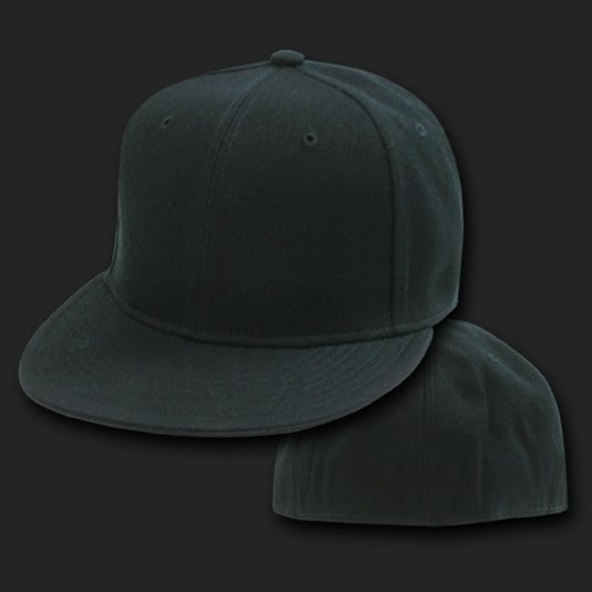 BLACK Fitted 6 Panel FLAT BILL Baseball CAP HAT 7 sizes